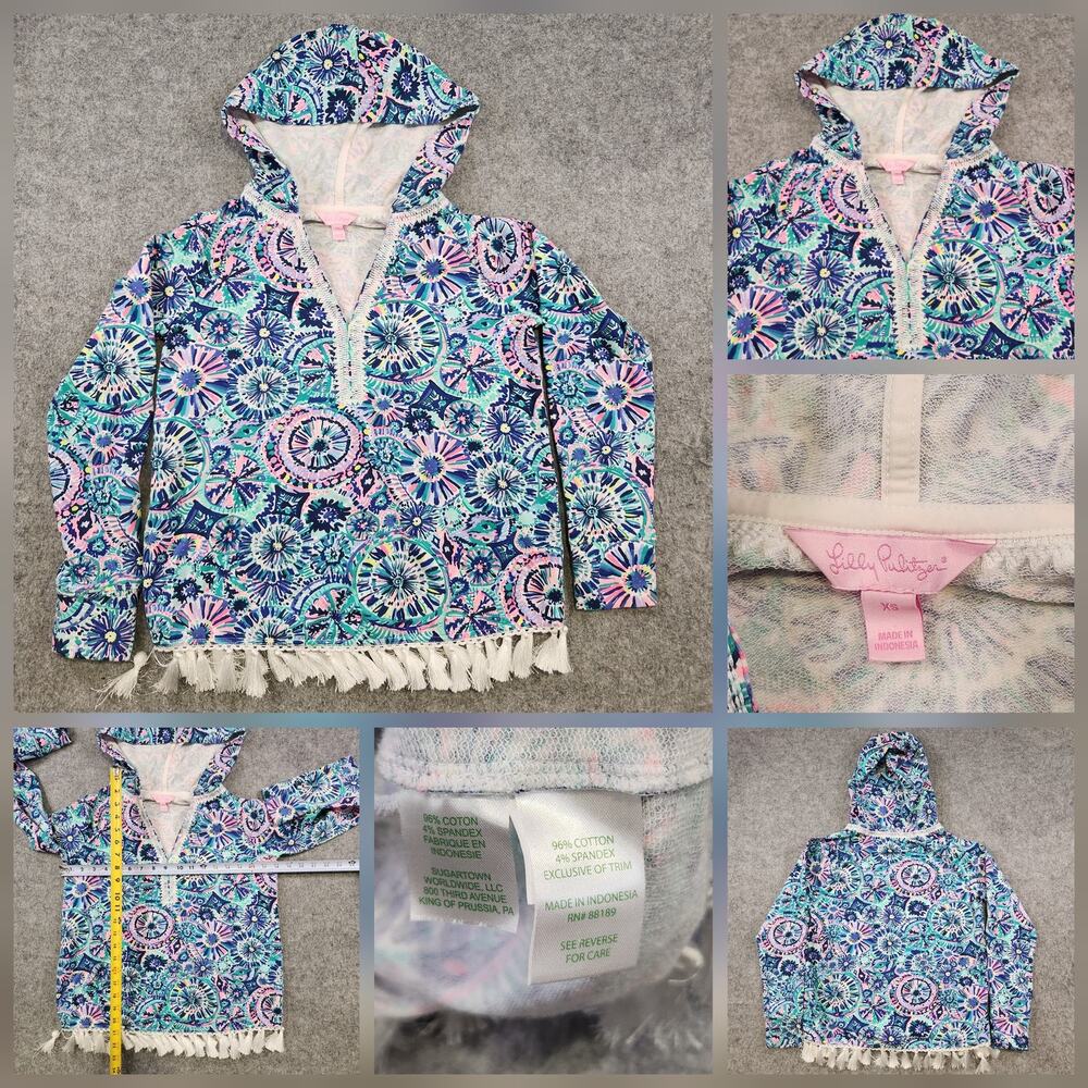 Lilly Pulitzer Harmon Hoodie Womens XS Blue Pink Fringe Hem Pullover Boho UPF 50